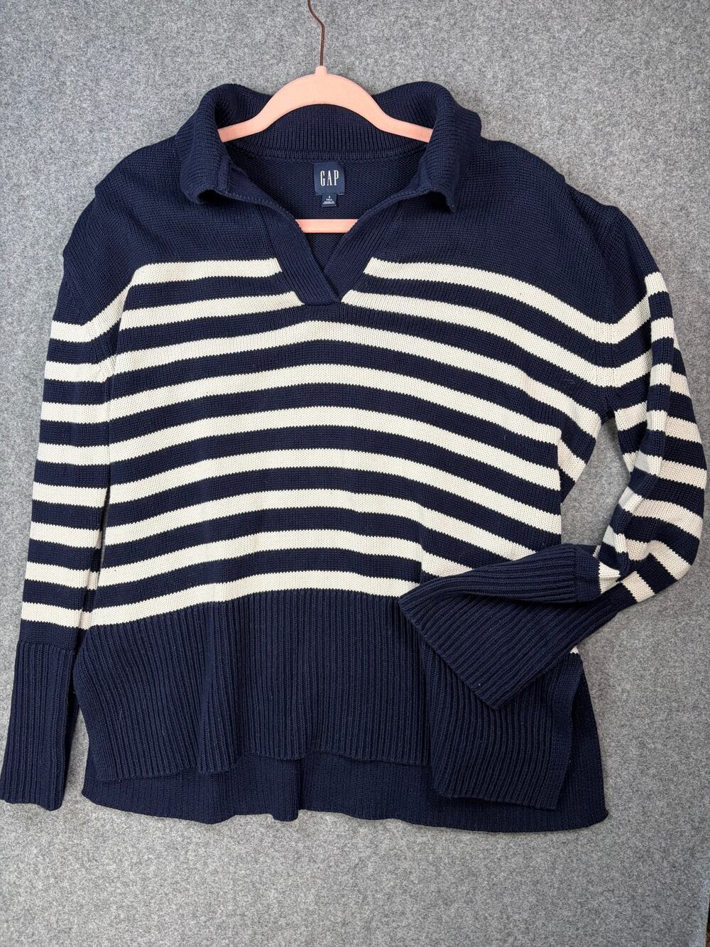 Gap 24/7 Split-Hem Polo Sweater Navy White Stripe 100% Cotton Size Small Tall